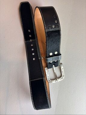 Brave Beltworks Black Leather & Cowhide Belt, Hammered Metal Buckle | 31.5–36”